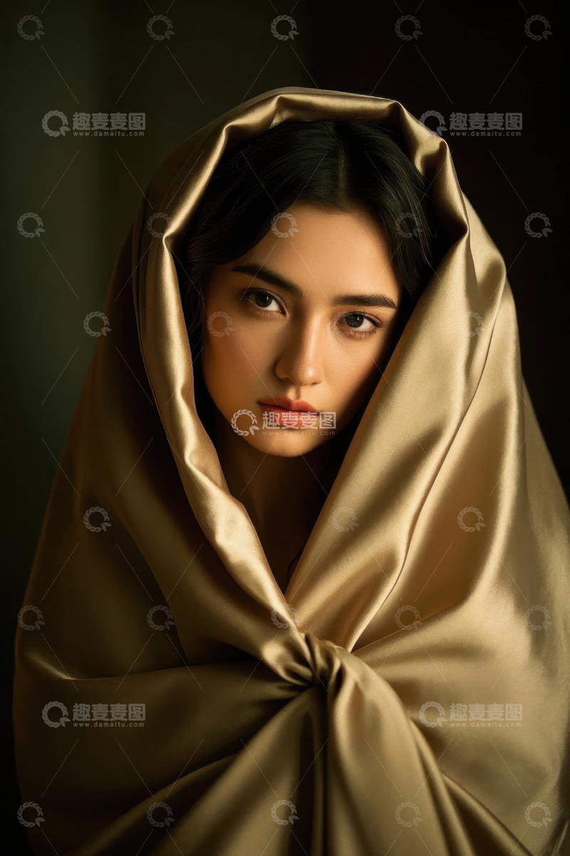 高清大图下载【趣麦麦图】金色丝绸裹身神秘女子肖像