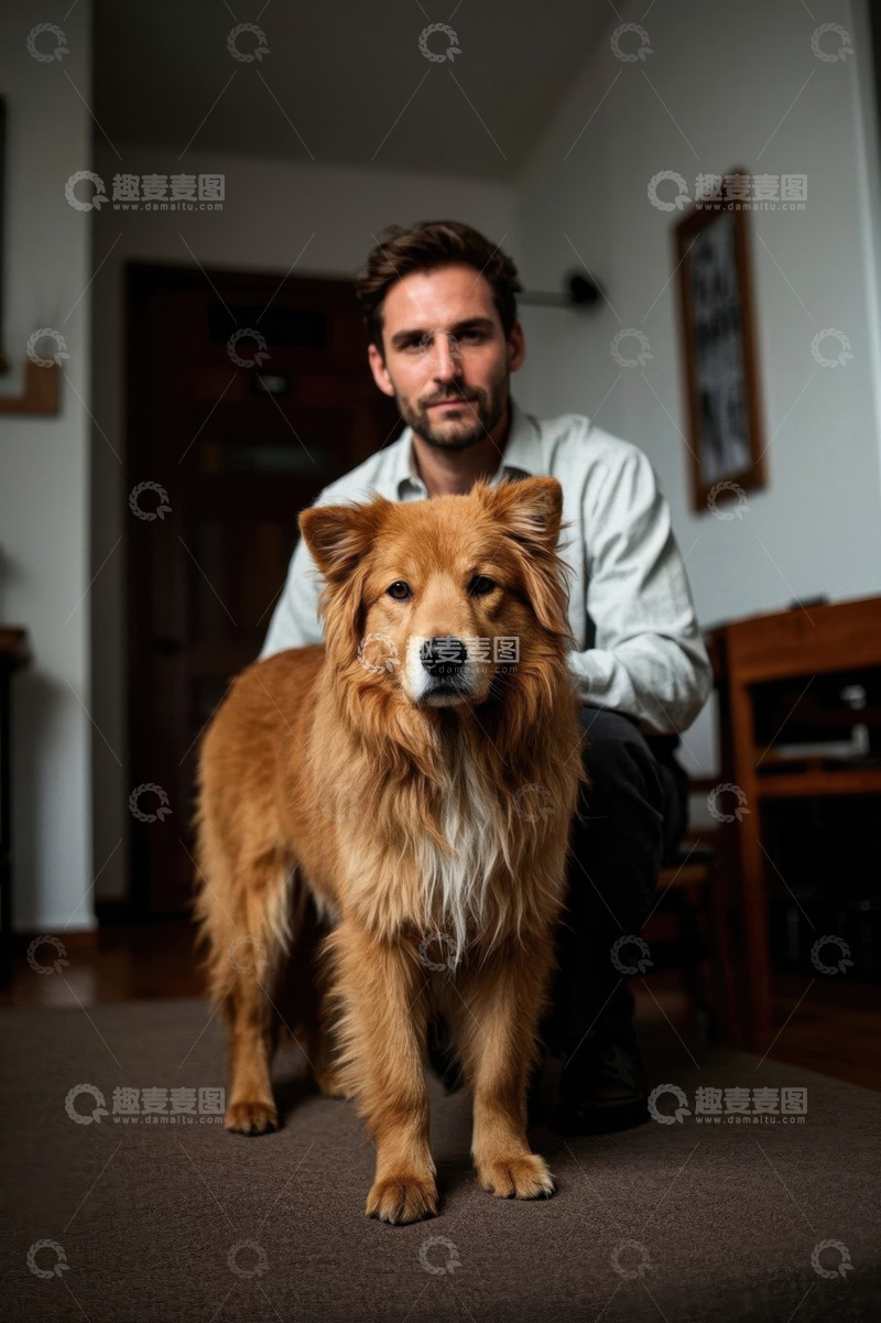 高清大图下载【趣麦麦图】男人与金毛犬在家中合影