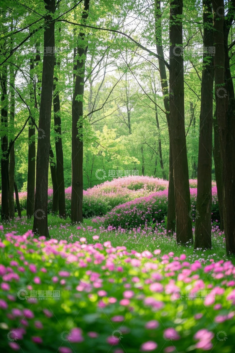 高清大图下载【趣麦麦图】森林中粉色花丛景观