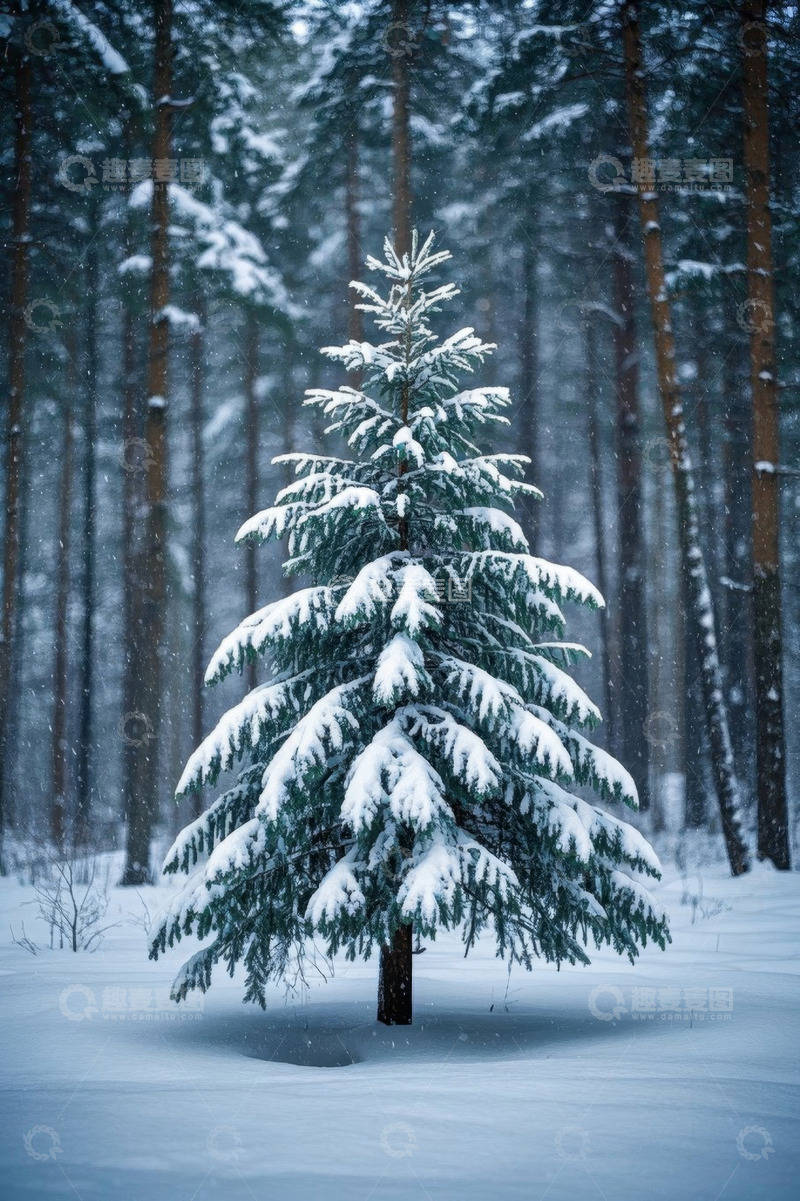 高清大图下载【趣麦麦图】雪覆森林中的独立松树