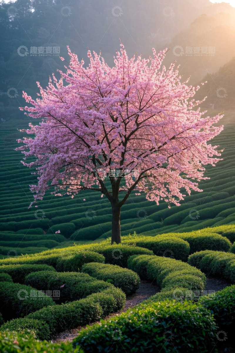 高清大图下载【趣麦麦图】茶园中盛开的粉色樱花树