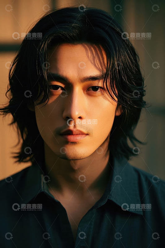 阳光下忧郁眼神的年轻男子