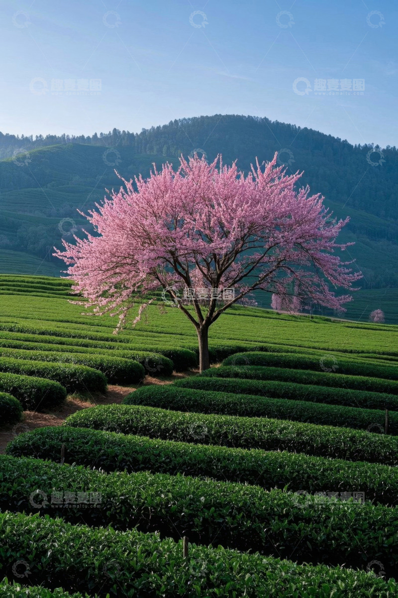 高清大图下载【趣麦麦图】茶园中盛开的粉色樱花树