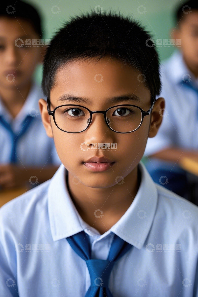 高清大图下载【趣麦麦图】小学生戴眼镜认真听课