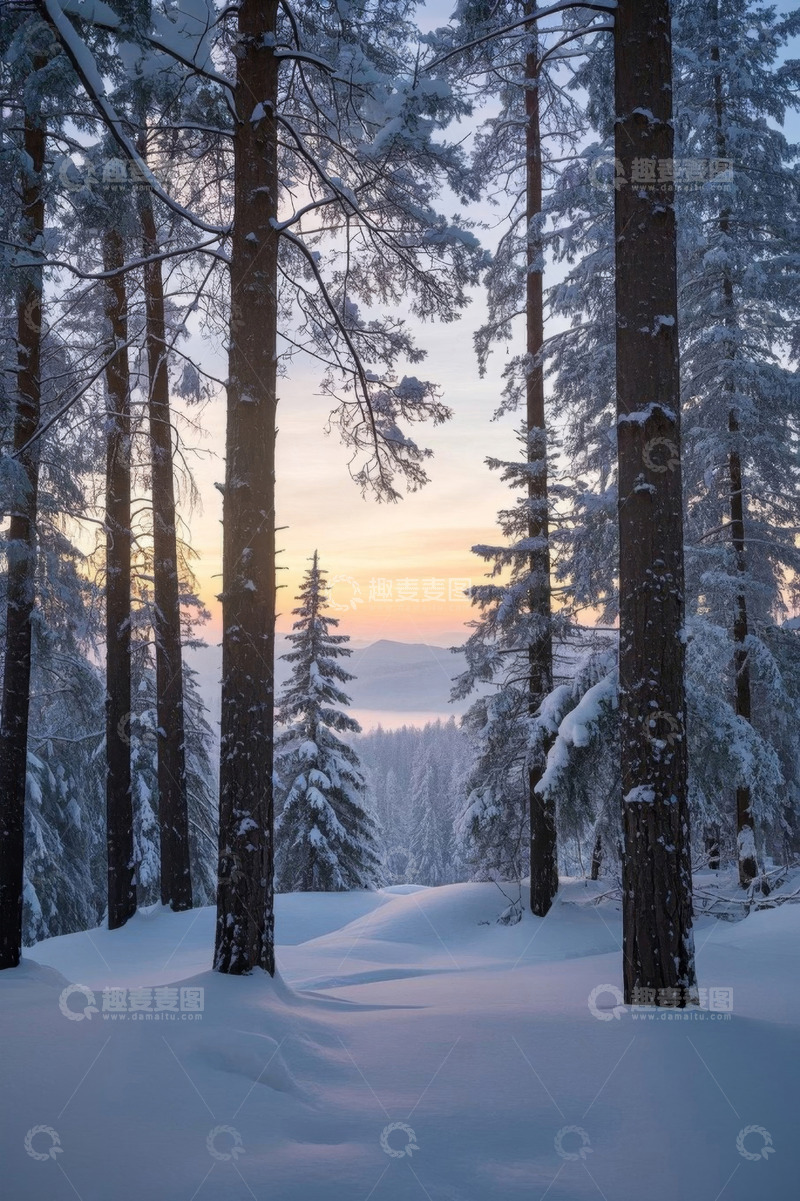 高清大图下载【趣麦麦图】雪覆森林日出景象