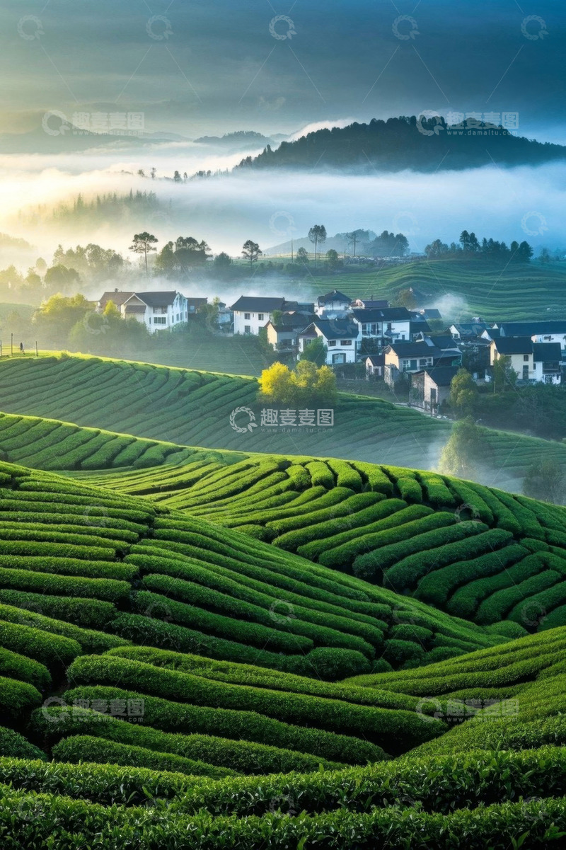 高清大图下载【趣麦麦图】乡村茶园晨景