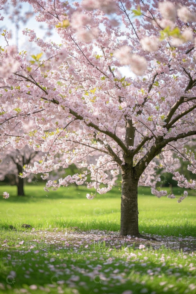 高清大图下载【趣麦麦图】盛开的樱花树与草地景观