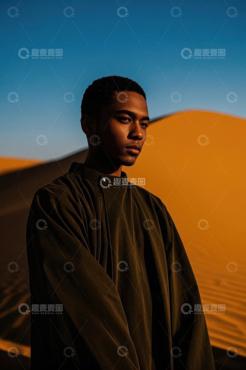 高清大图下载【趣麦麦图】沙漠中穿着深色长袍的年轻男子