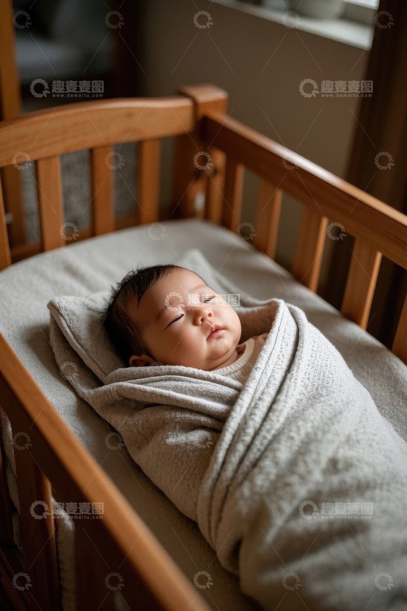 高清大图下载【趣麦麦图】婴儿熟睡在木质婴儿床里