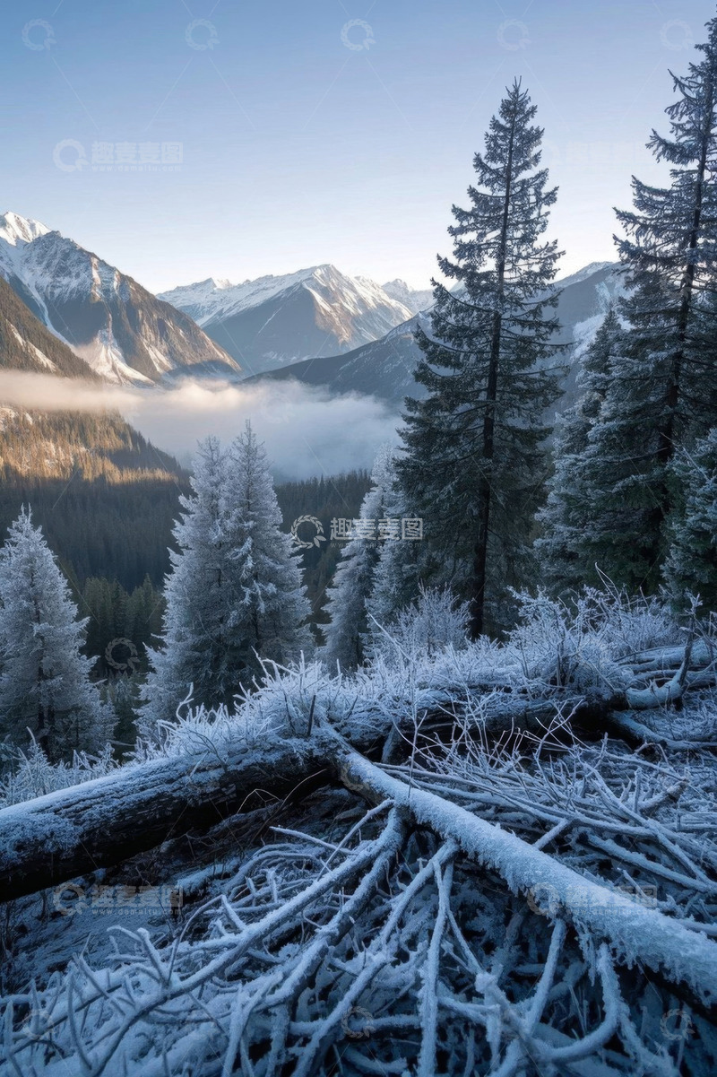 高清大图下载【趣麦麦图】雪覆山林与远山风景