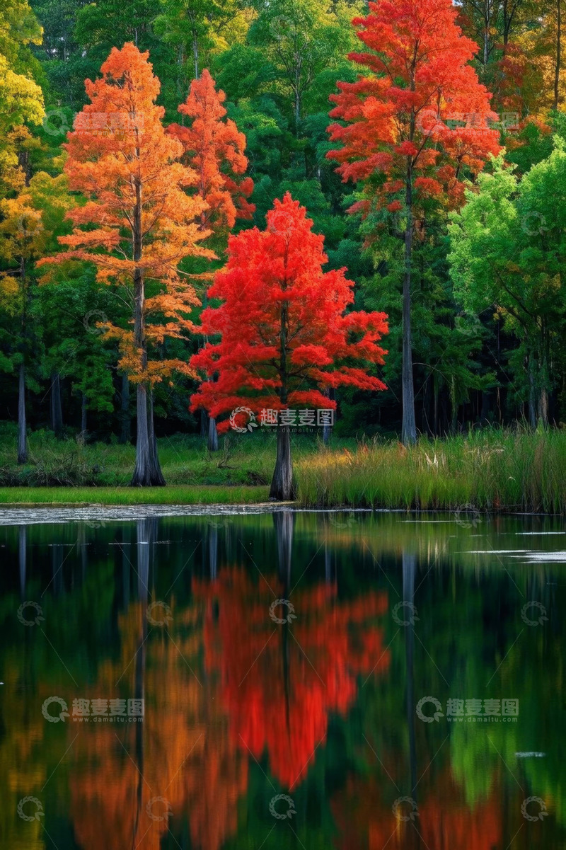 高清大图下载【趣麦麦图】秋日森林湖畔多彩树木景观