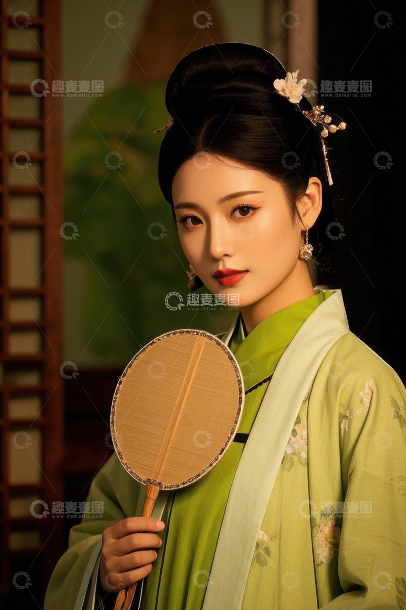 高清大图下载【趣麦麦图】古装女子手持团扇侧身凝视