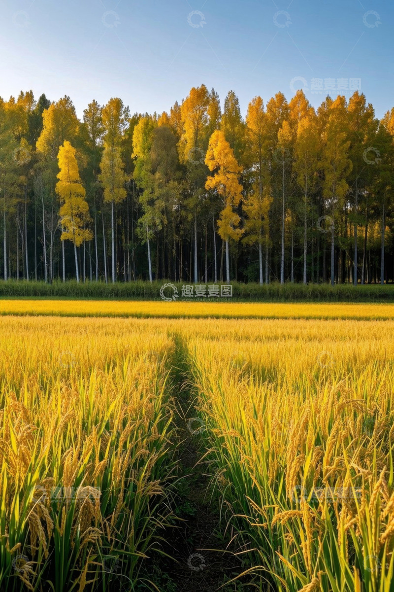 高清大图下载【趣麦麦图】金黄稻田与树林田园风光
