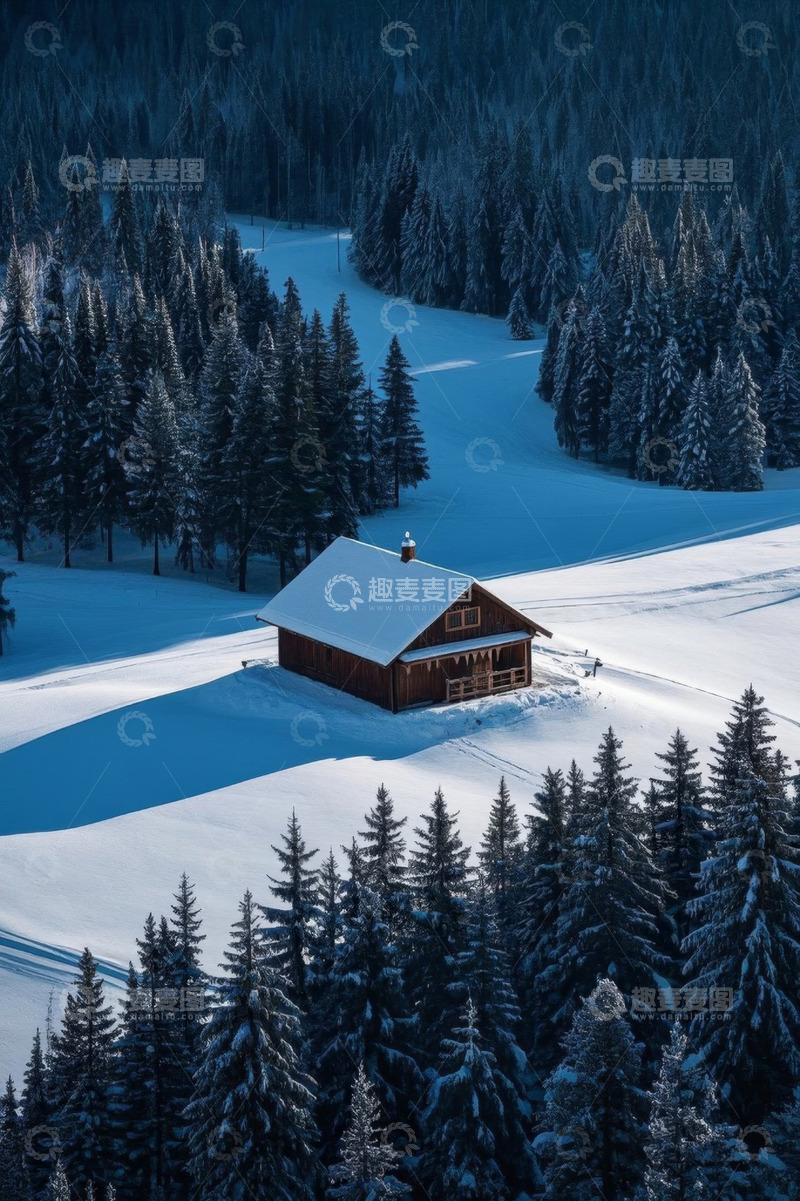 高清大图下载【趣麦麦图】雪中山林木屋俯瞰景观