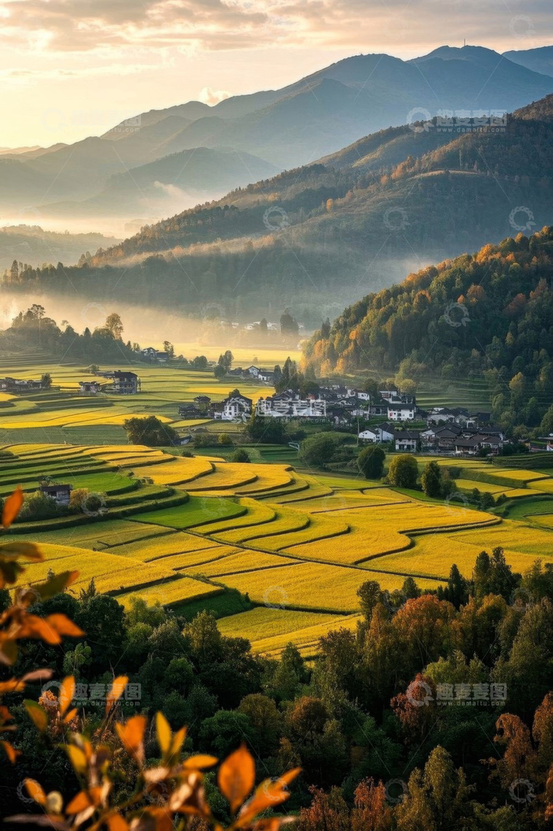 高清大图下载【趣麦麦图】山间梯田村庄自然风光