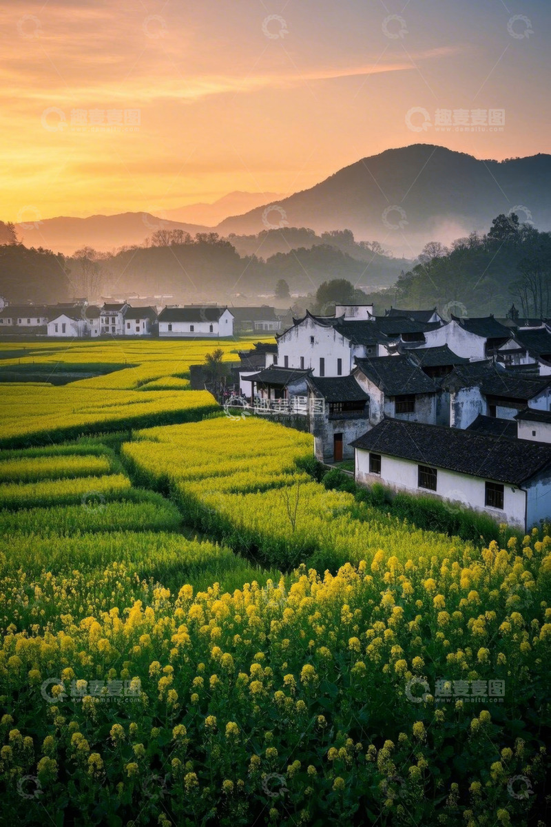 高清大图下载【趣麦麦图】乡村油菜花田与民居景色