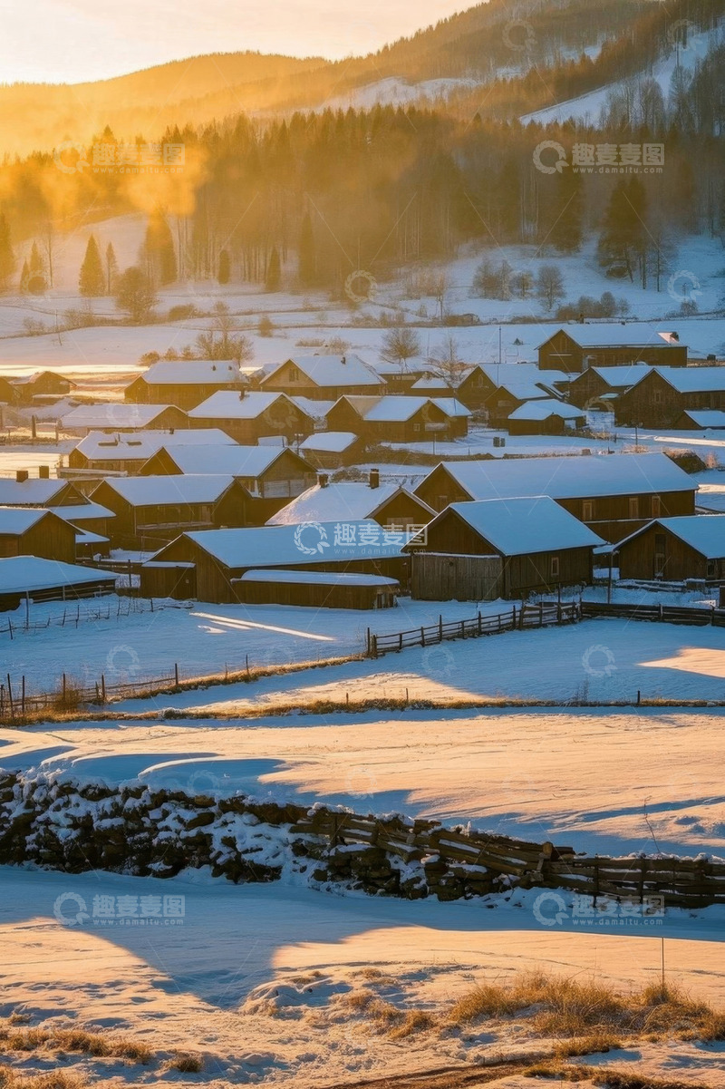 高清大图下载【趣麦麦图】雪后山村冬日暖阳景象