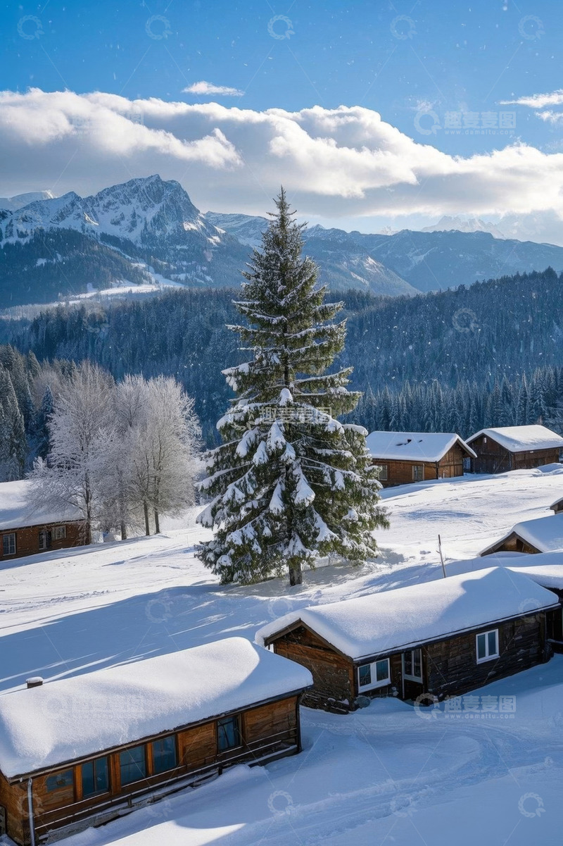 高清大图下载【趣麦麦图】雪中山间木屋与森林景观