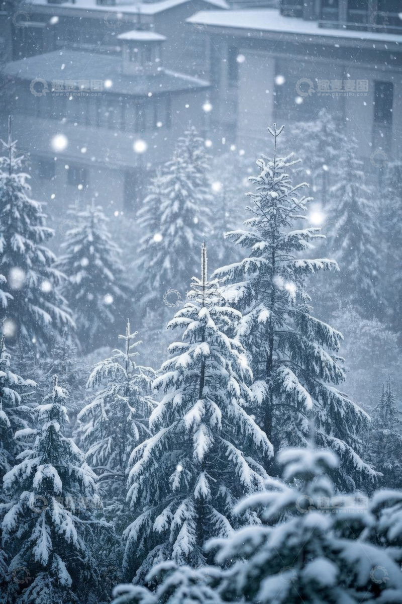 高清大图下载【趣麦麦图】雪中覆盖的松树景观