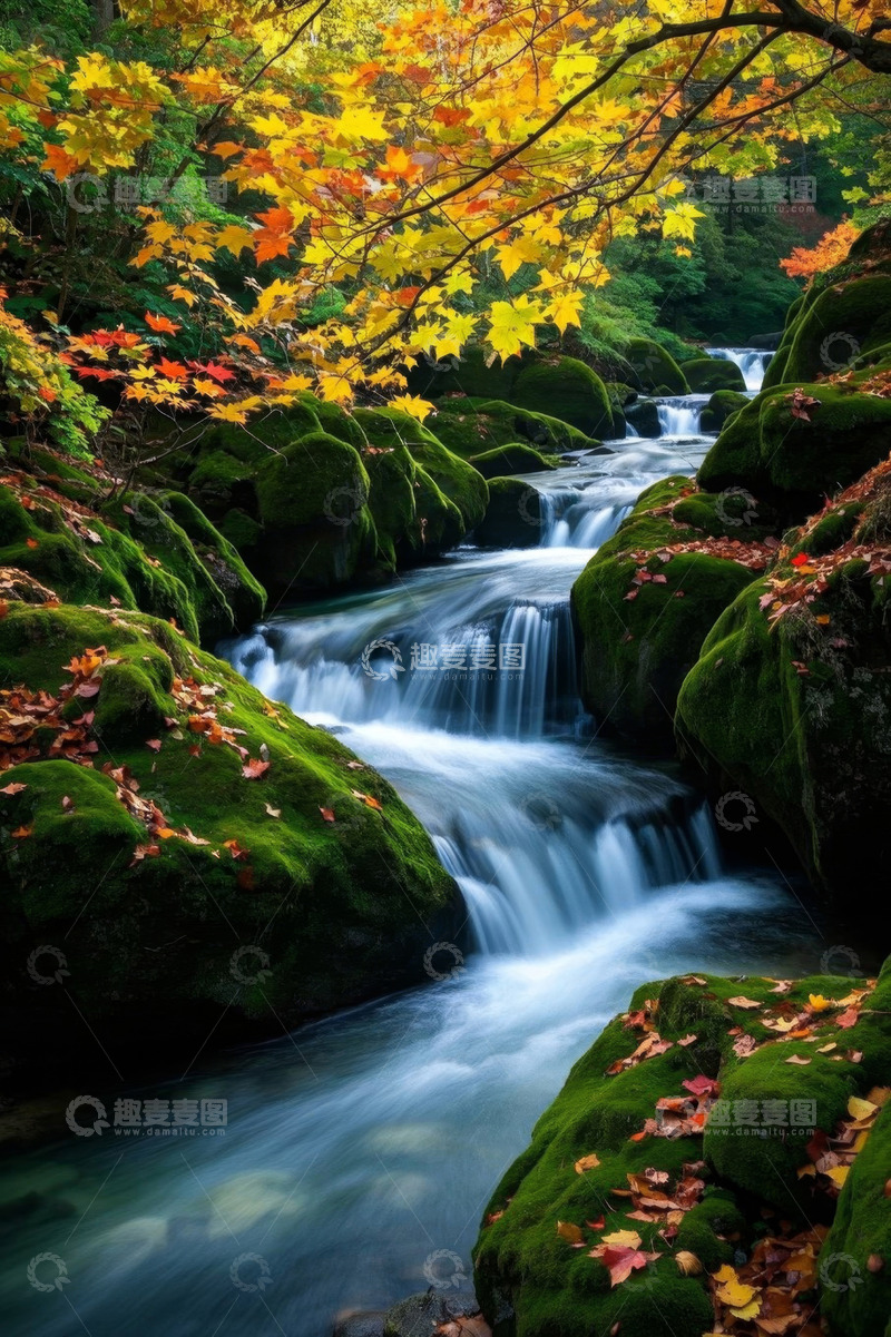 高清大图下载【趣麦麦图】秋季森林中的潺潺溪流