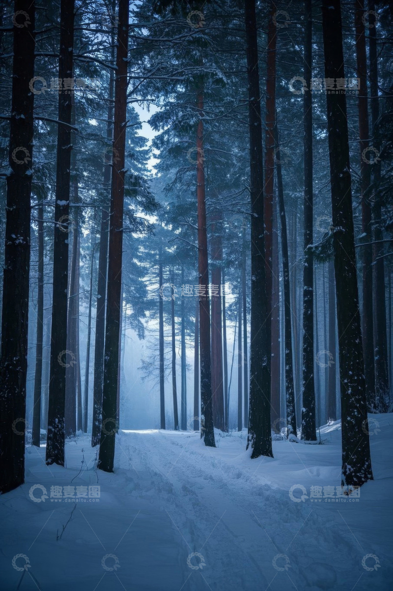高清大图下载【趣麦麦图】雪后森林中的雪路景象