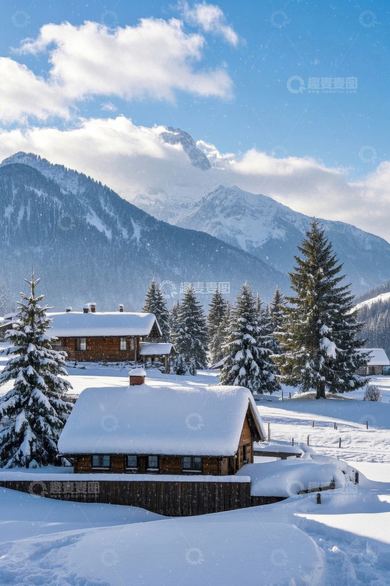 高清大图下载【趣麦麦图】雪山下的雪覆木屋与松林