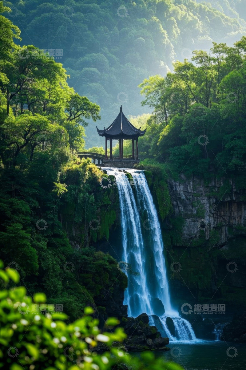 高清大图下载【趣麦麦图】山林间瀑布旁的中式凉亭景观