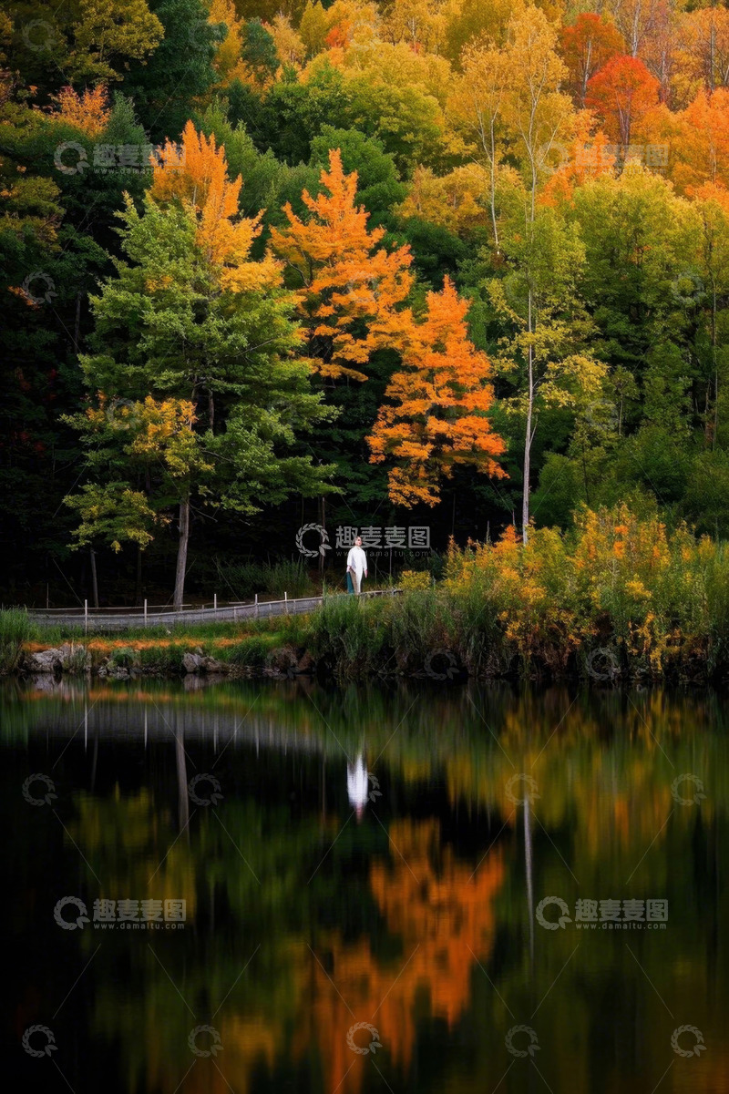 高清大图下载【趣麦麦图】湖畔漫步的人及秋日森林景观