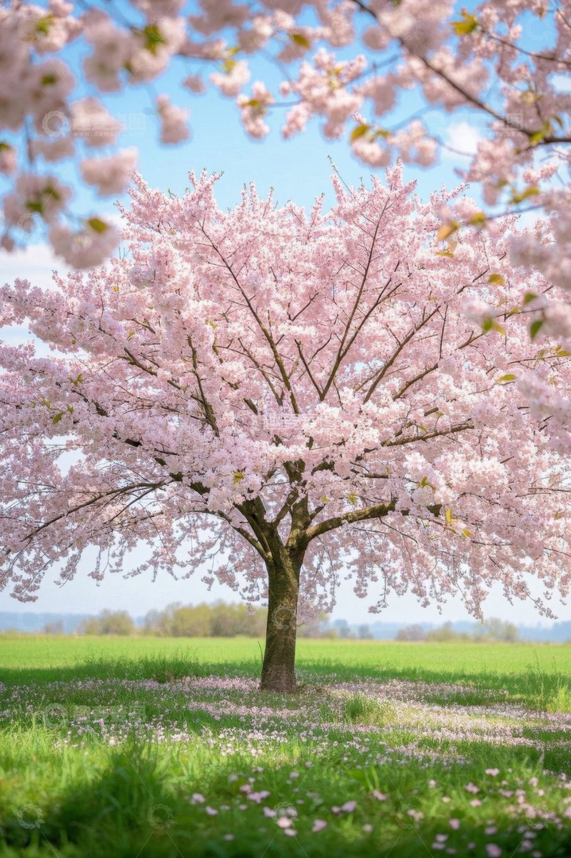 高清大图下载【趣麦麦图】田野中盛开的樱花树