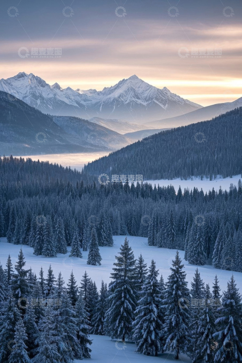 高清大图下载【趣麦麦图】雪山森林雪景全景