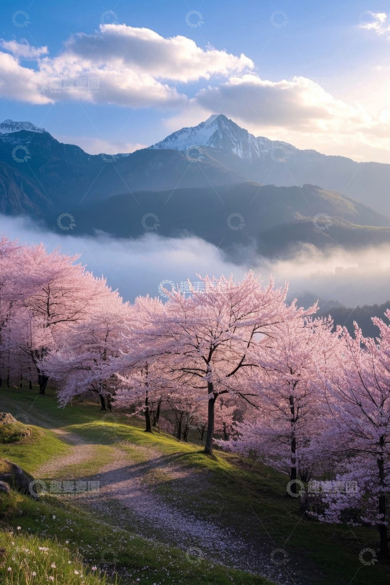 高清大图下载【趣麦麦图】山间粉樱与远山云雾景观