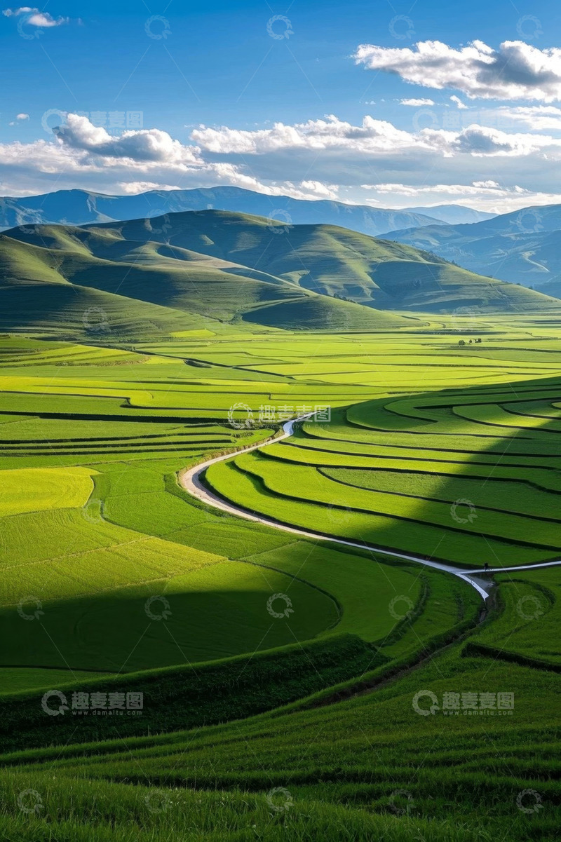 高清大图下载【趣麦麦图】绿色田野间蜿蜒小路风景