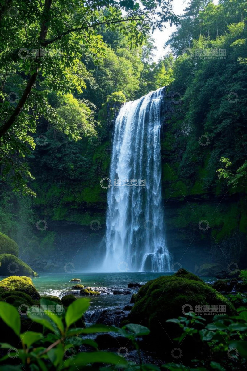 高清大图下载【趣麦麦图】森林中的瀑布自然景观