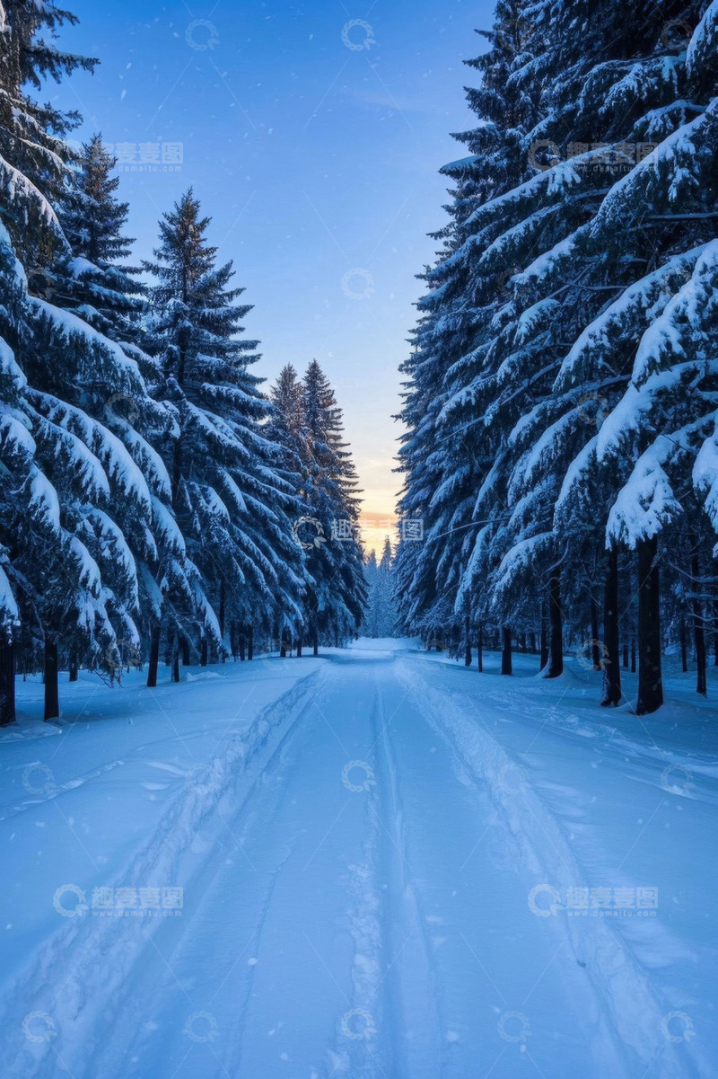 高清大图下载【趣麦麦图】雪后森林中的积雪道路