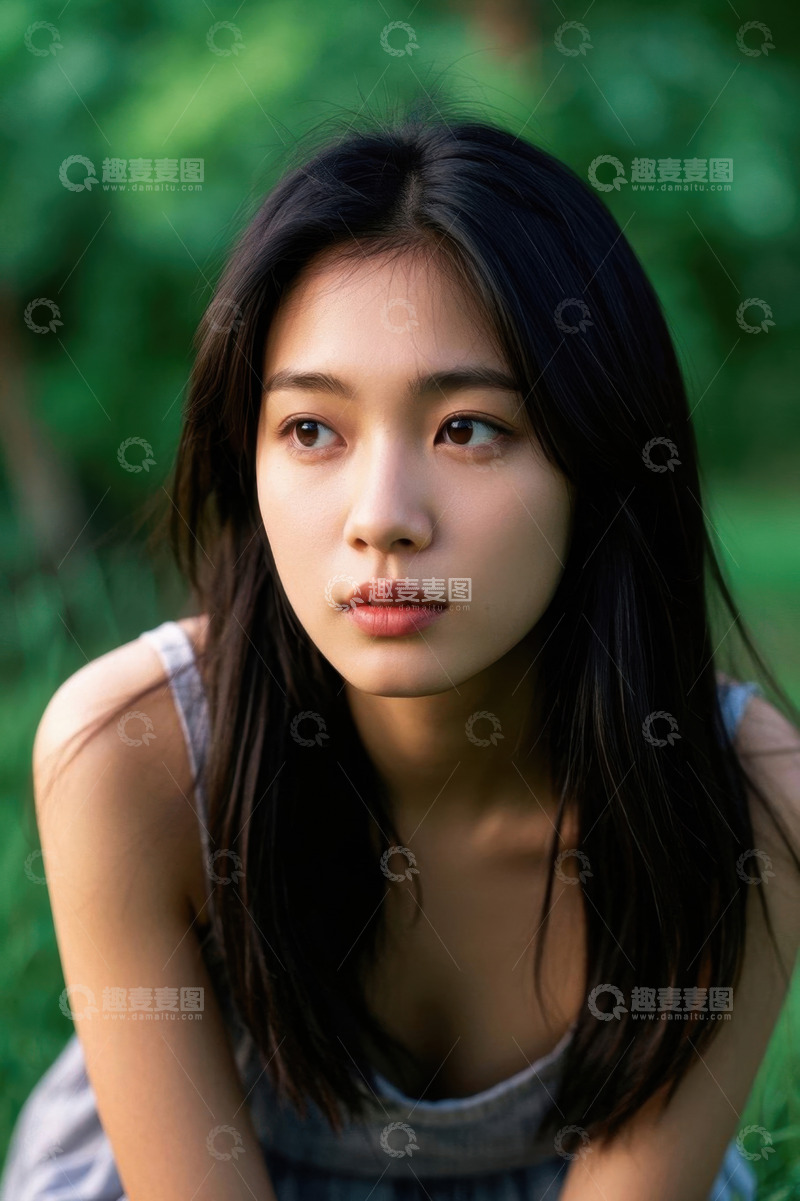 高清大图下载【趣麦麦图】绿意丛中凝望的亚洲女孩