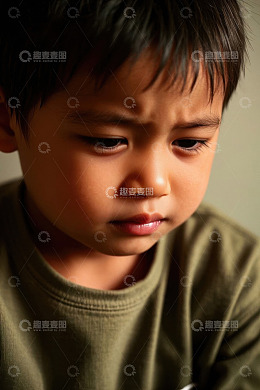 忧郁的小男孩低头沉思