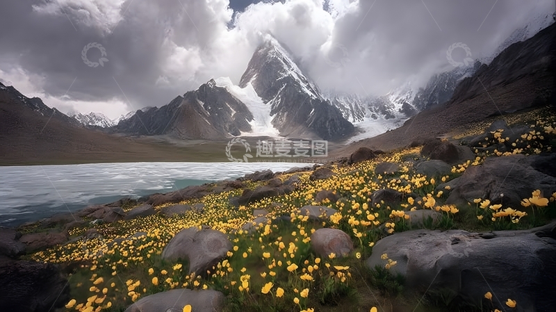 高清大图下载【趣麦麦图】雪山黄花风光摄影图片