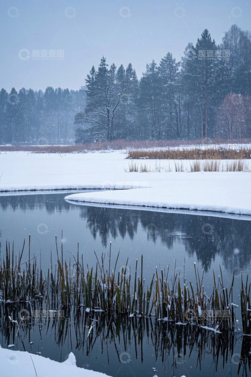 高清大图下载【趣麦麦图】冬日雪覆盖的森林旁的宁静水域