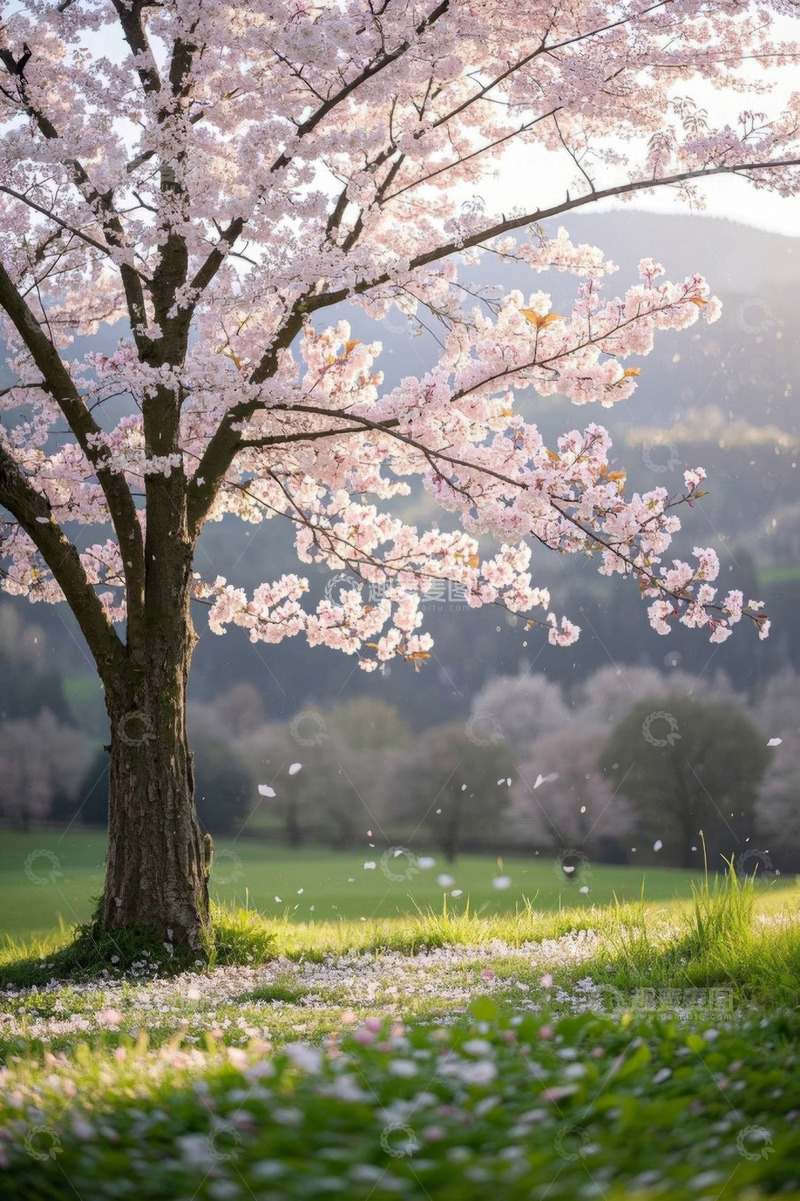 高清大图下载【趣麦麦图】春日草地盛开的樱花树