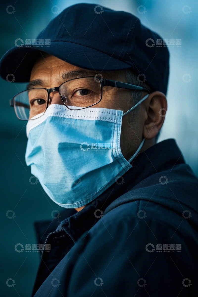 高清大图下载【趣麦麦图】戴口罩眼镜的男子侧脸肖像