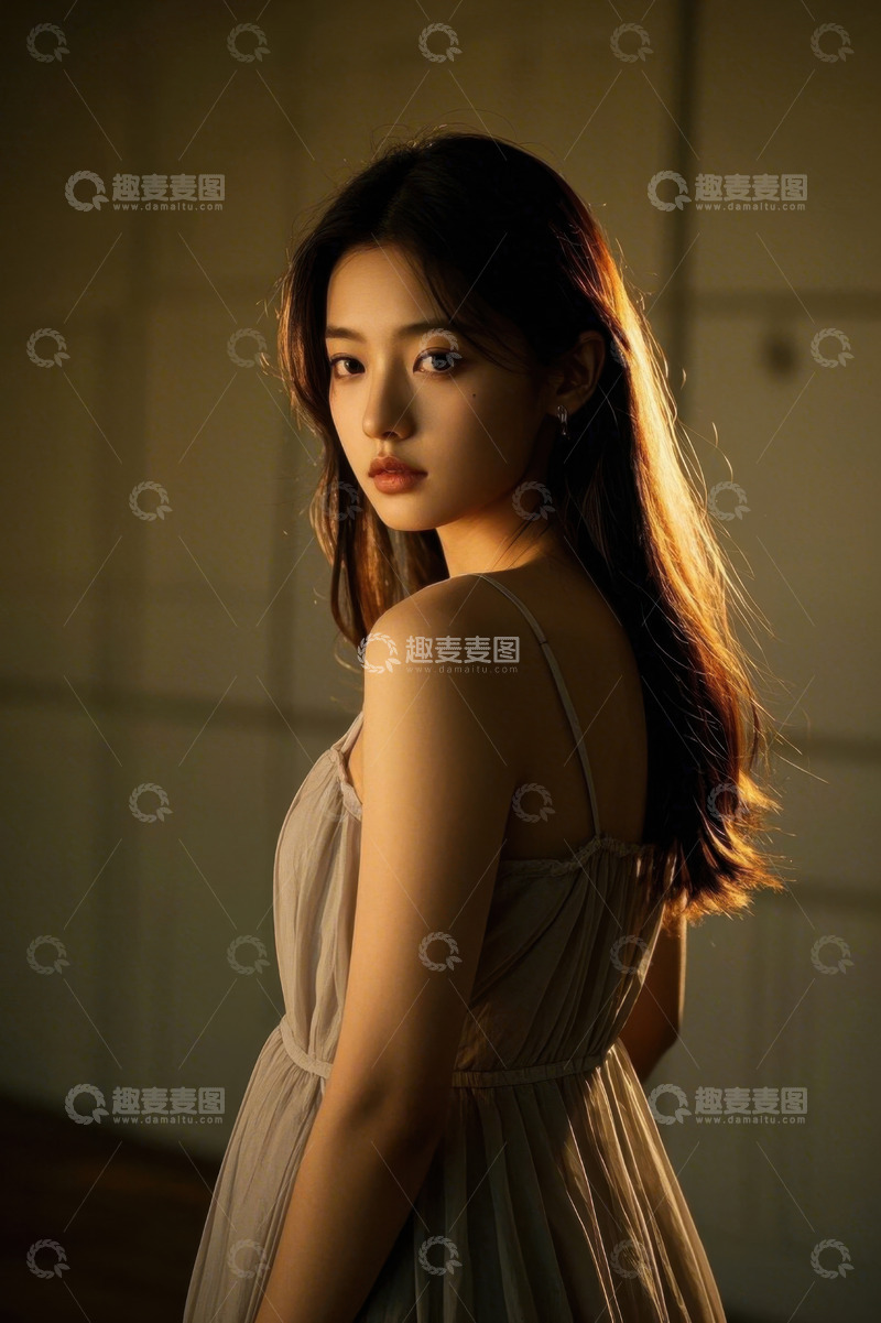 高清大图下载【趣麦麦图】夕阳下温柔女子侧身照