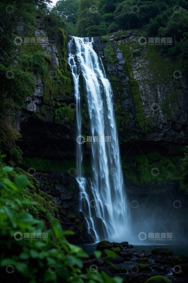 高清大图下载【趣麦麦图】山间森林中的瀑布景观