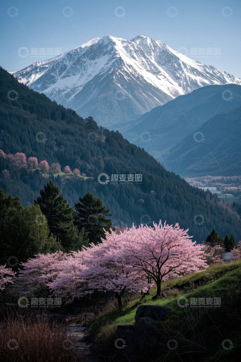 高清大图下载【趣麦麦图】雪山下盛开的粉色樱花