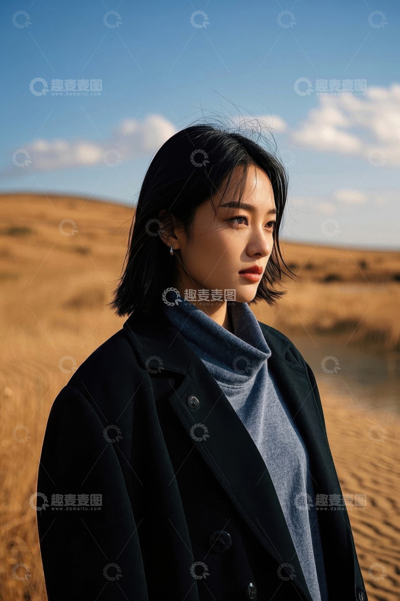 高清大图下载【趣麦麦图】沙漠中凝视远方的年轻女子