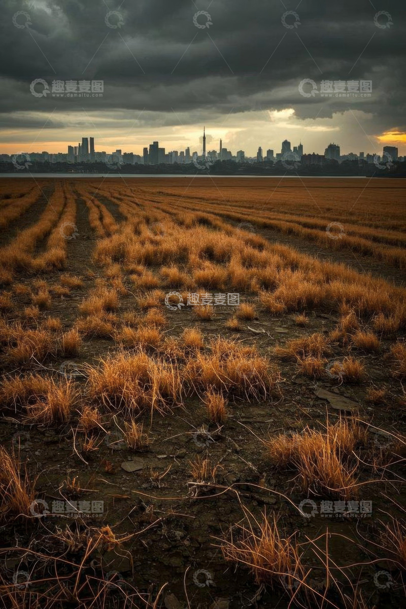 高清大图下载【趣麦麦图】城市远景下的荒野田地景观