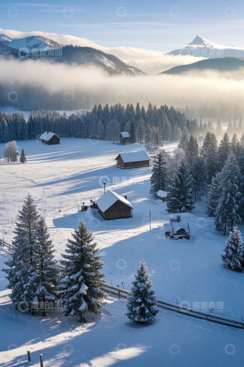 高清大图下载【趣麦麦图】雪中山林木屋风景