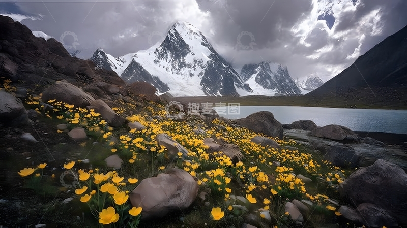 高清大图下载【趣麦麦图】雪山湖畔黄花绽放