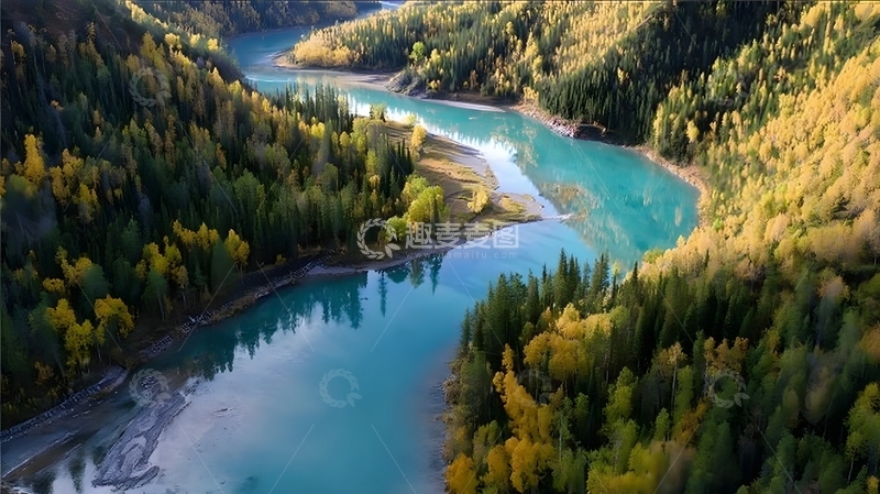 高清大图下载【趣麦麦图】翠绿河流环绕森林航拍图