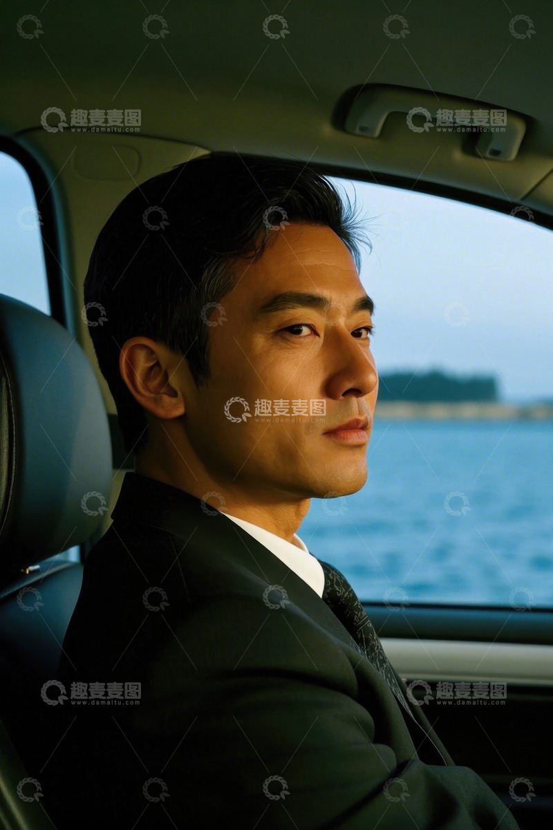 高清大图下载【趣麦麦图】西装男子车内凝望远方景色
