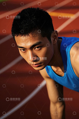 年轻运动员在跑道上准备起跑